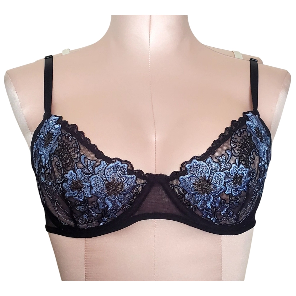 Elegant Black and Blue Lace Bra